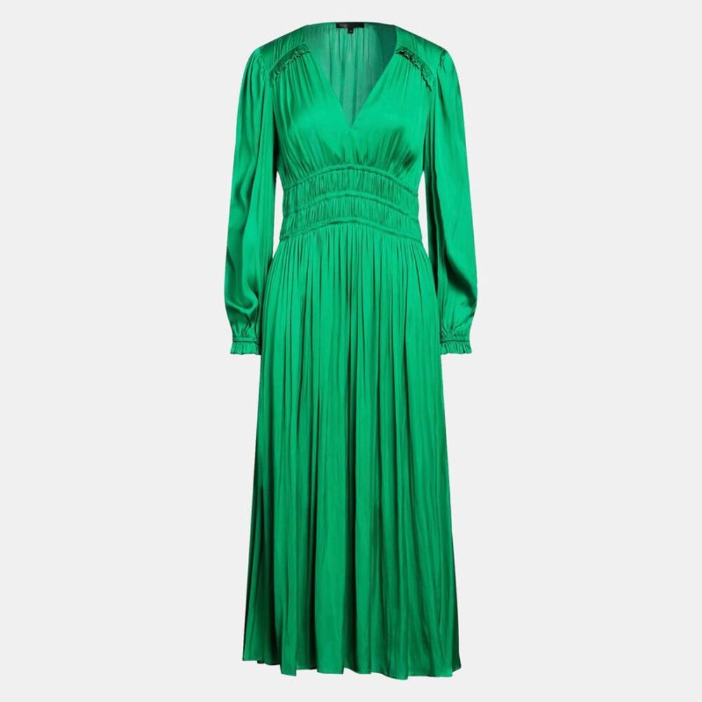 Maje Green Satin Ruffled Midi Dress Xl